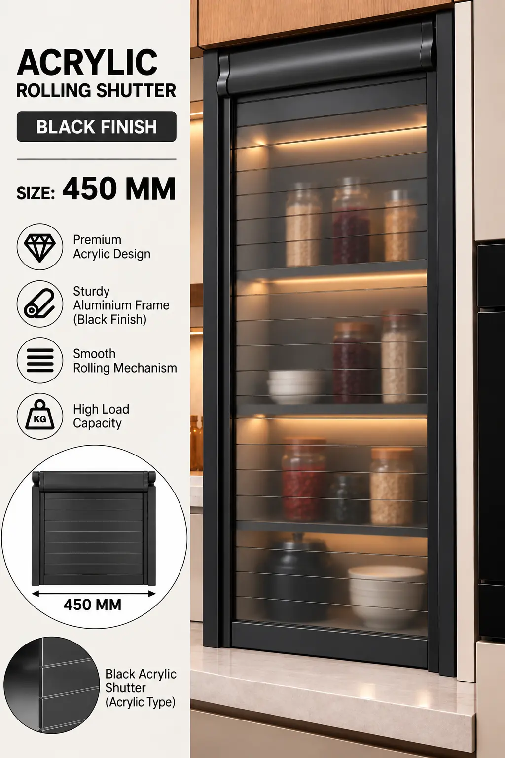 Acrylic Rolling Shutter — 450mm Black