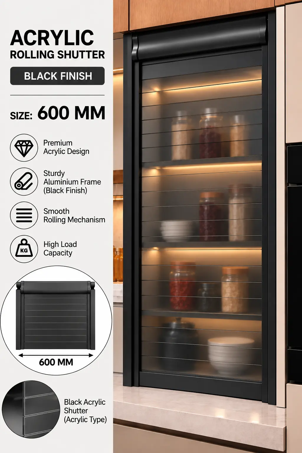 Acrylic Rolling Shutter — 600mm Black