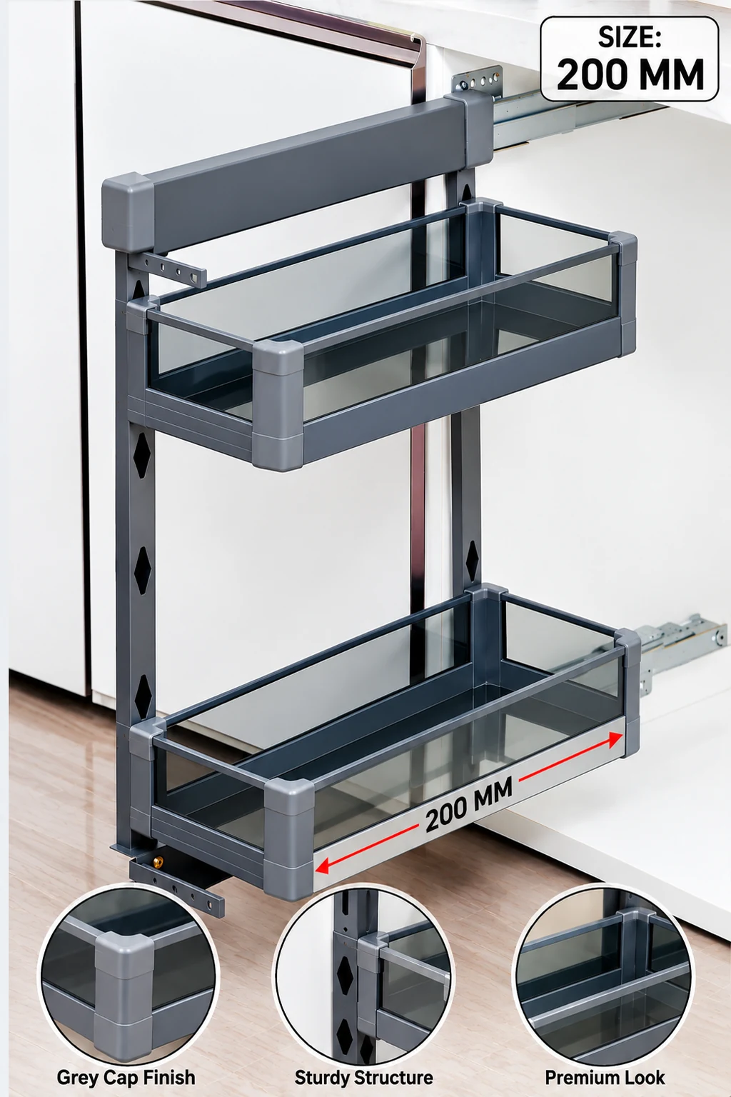 Bottle Pull-Out (BPO) Glass — 2-tier 200mm Grey (Grey Cap)