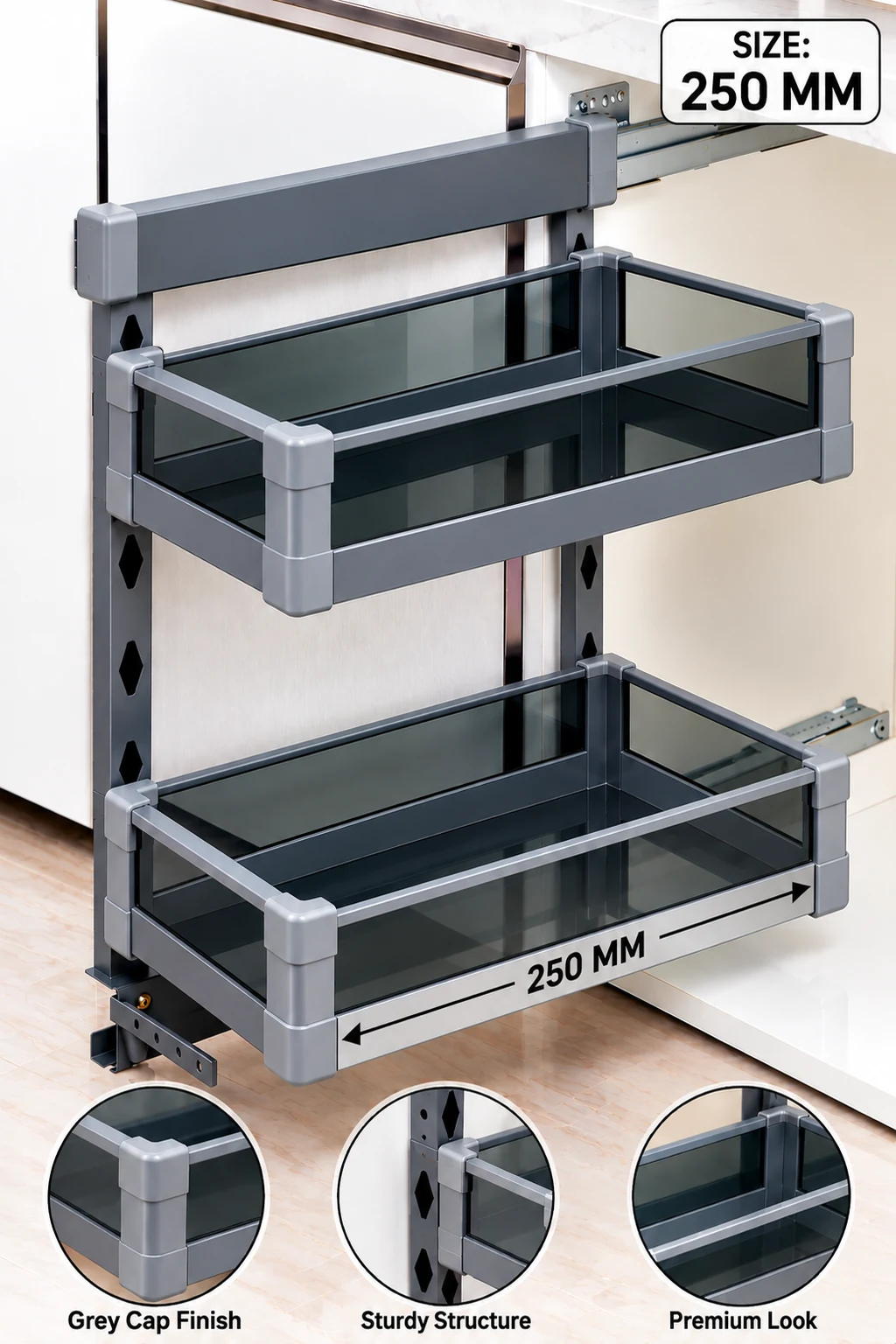 Bottle Pull-Out (BPO) Glass — 2-tier 250mm Grey (Grey Cap)