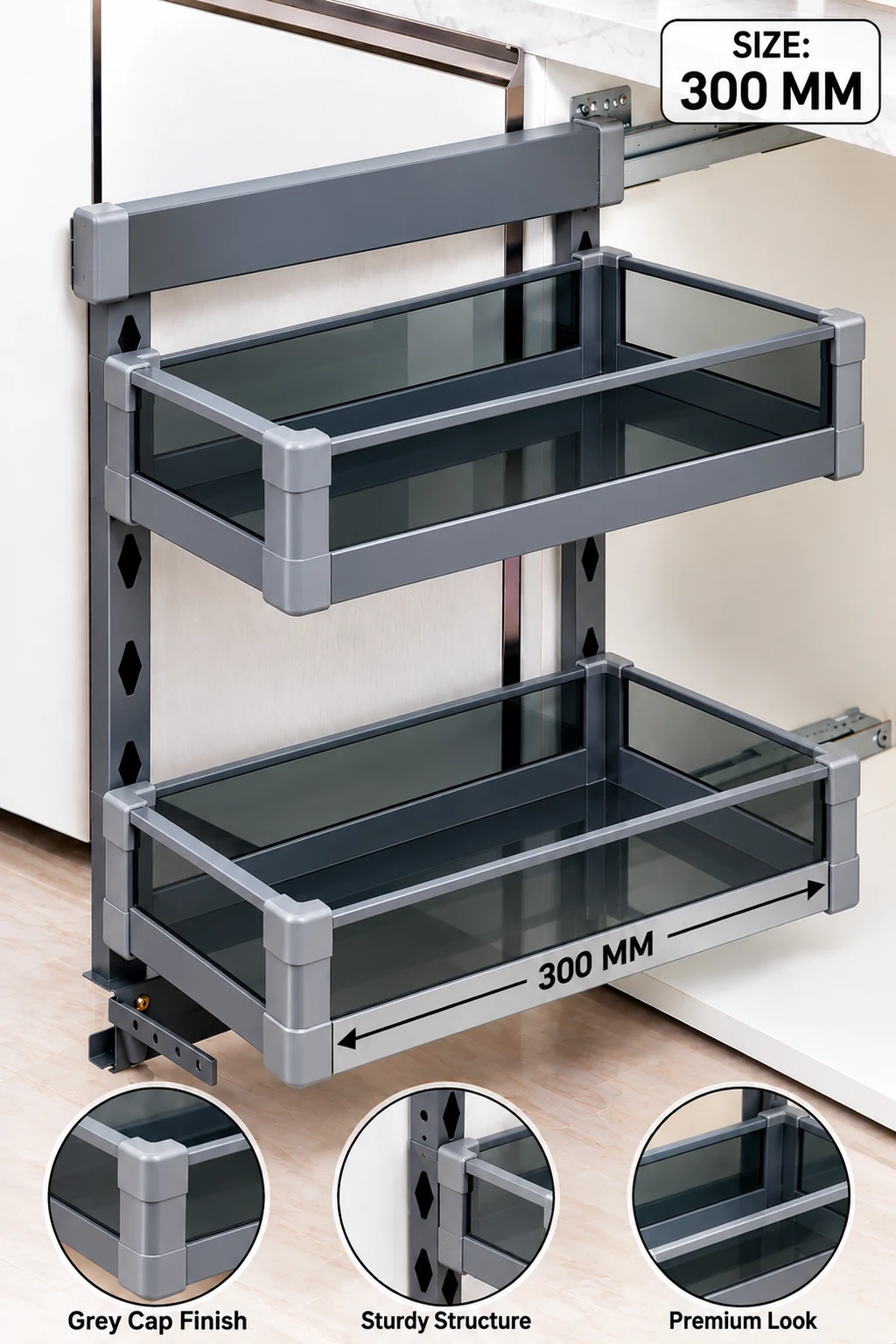 Bottle Pull-Out (BPO) Glass — 2-tier 300mm Grey (Grey Cap)