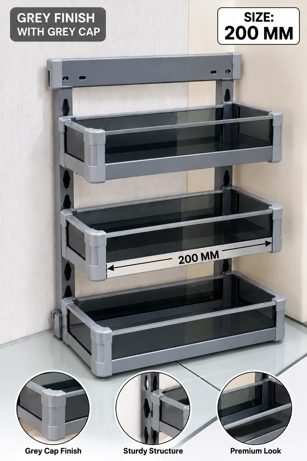 Bottle Pull-Out (BPO) Glass — 3-tier 200mm Grey (Grey Cap)