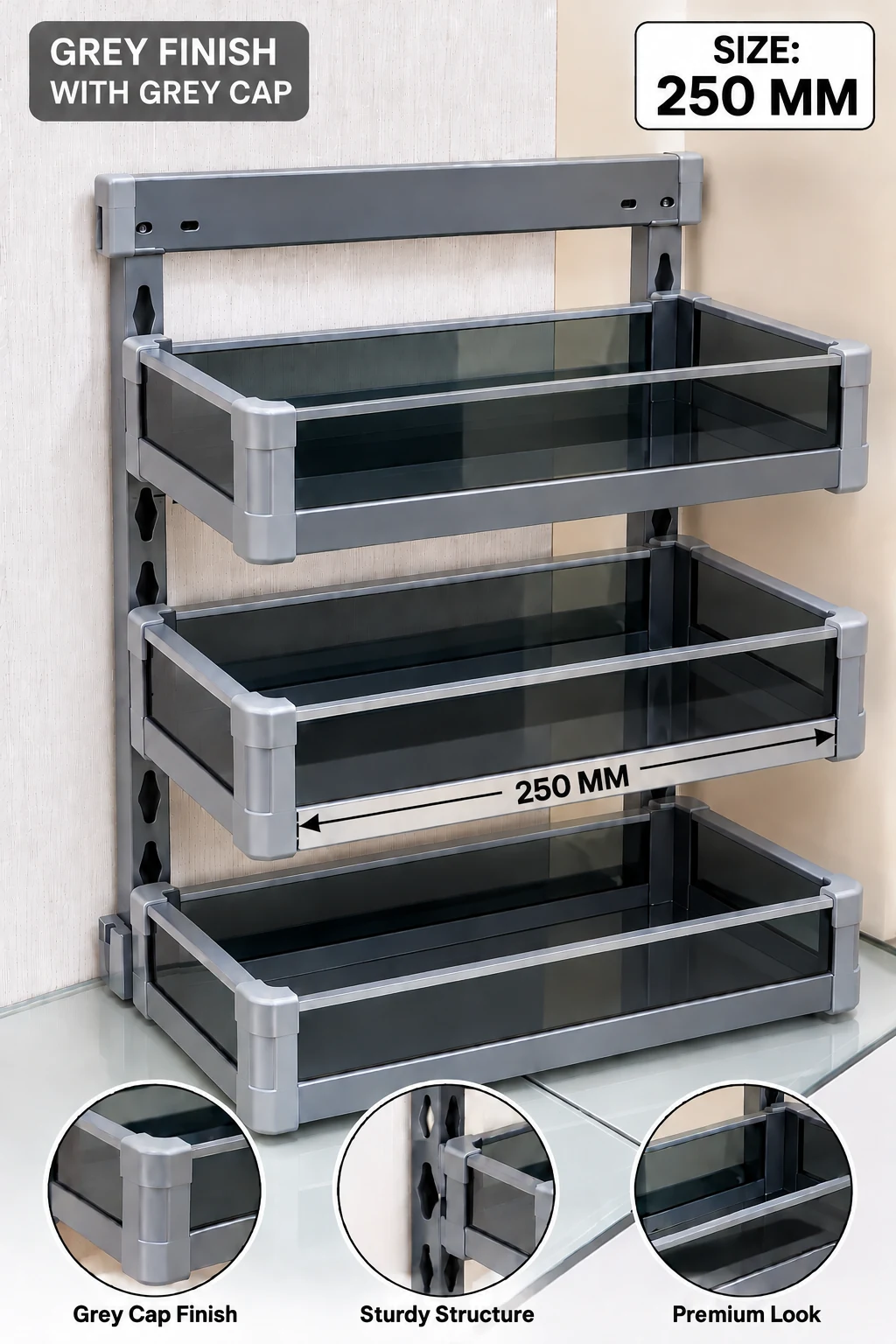 Bottle Pull-Out (BPO) Glass — 3-tier 250mm Grey (Grey Cap)