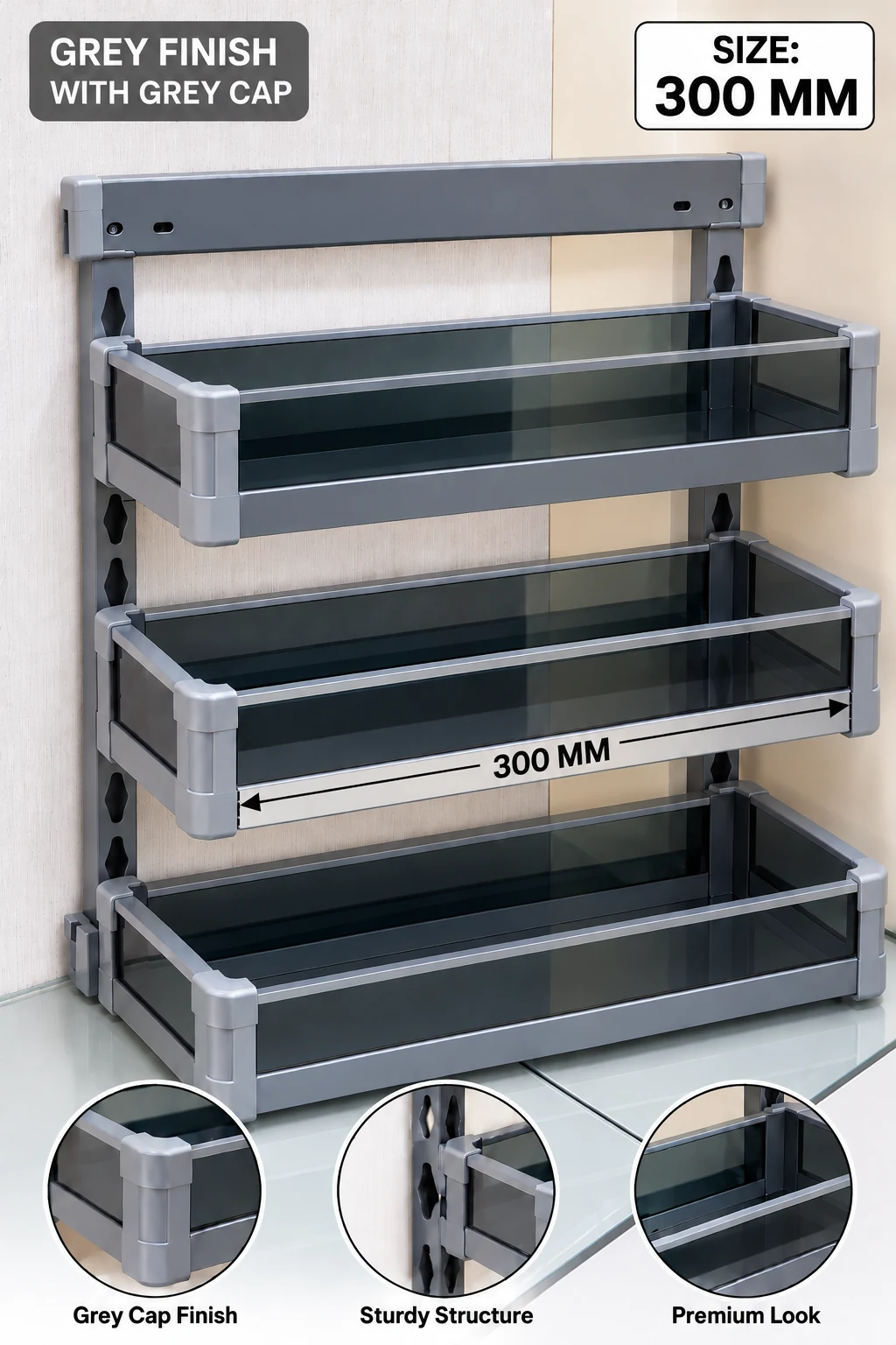 Bottle Pull-Out (BPO) Glass — 3-tier 300mm Grey (Grey Cap)