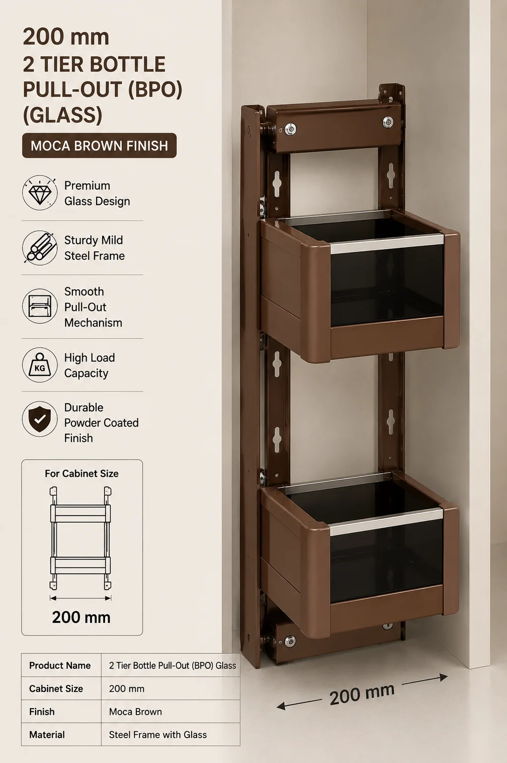 SATORI Glass Bottle Pull-Out in a compact kitchen cabinet